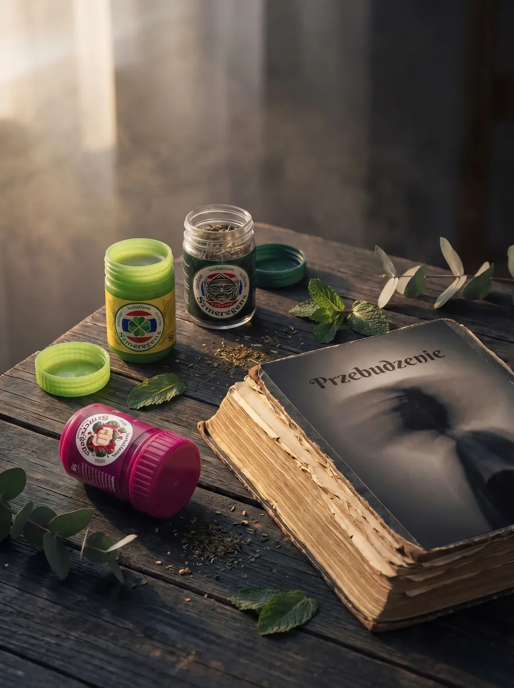 Szmeregens Strong, Fruit Punch i Classic obok ebooka „Przebudzenie”